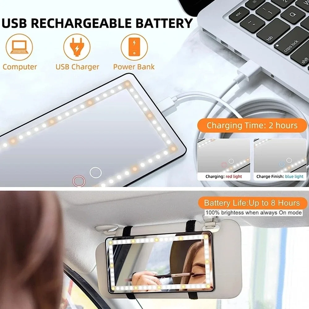 60 LED Car Sun Visor Vanity Mirror Rechargeable 3 Light Modes Stepless Dimming